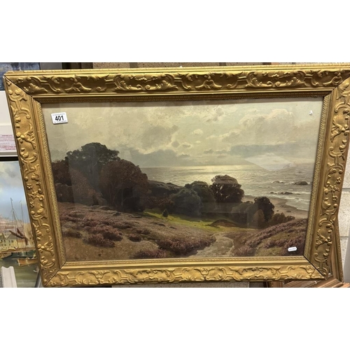 401 - A pair of early 20th century coastal scenes, possibly Cornwall, image 72 x 46 cm, frame 87 x 62 cm, ... 