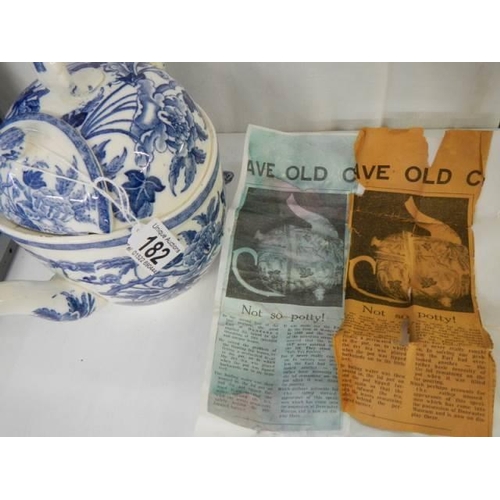 182 - An Unusual Wedgwood blue and white peony pattern 'Tipsy' teapot. Chip on lid rim otherwise in good c... 