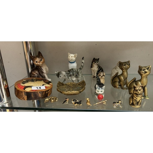 14 - A mixed lot of cat figures including brass & A quantity of cat pin badges etc