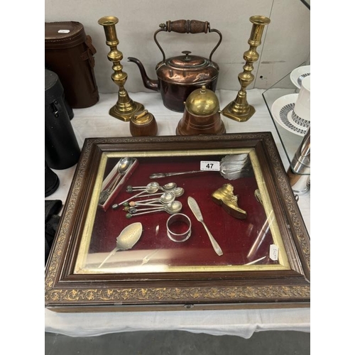 47 - A quantity of brass, copper & silver plate & A display box with glass frame (No hinges)