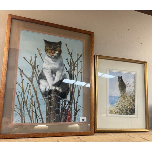 49 - 2 Framed & glazed watercolour cat pictures. Largest picture 49cm x 62cm. Both signed, one indistinct... 