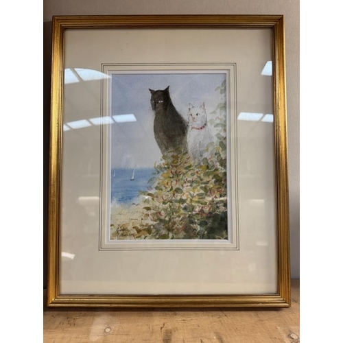 49 - 2 Framed & glazed watercolour cat pictures. Largest picture 49cm x 62cm. Both signed, one indistinct... 