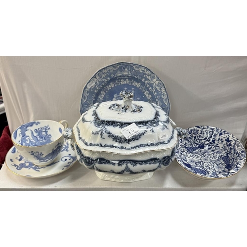 70 - A quantity of blue & white China including a plate, bowl, tureen etc. Tureen is A/F Royal Worcester ... 