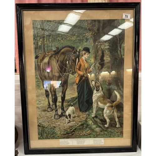 78 - An antique glazed & framed picture of lady & horse titled 'At The Tryst' Poem included at base. 60 x... 