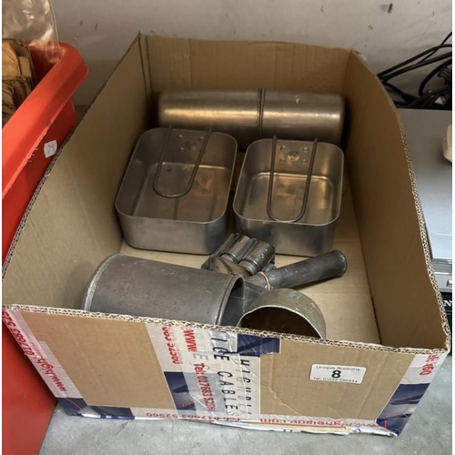 8 - A quantity of metal camping, cooking implements & metal containers