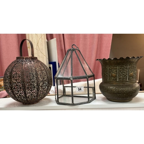 94 - A metal lantern, Repoussé brass vase & A wall mounted terrarium