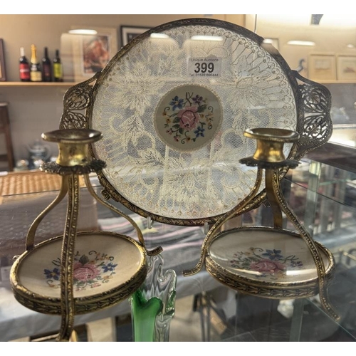 399 - A dressing table lace & embroidered floral pattern tray & 2 matching candlestick holders