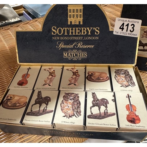 413 - Two boxes of Sotheby’s matches, 30 packs in each box. 6 sets of 5. All complete & unused