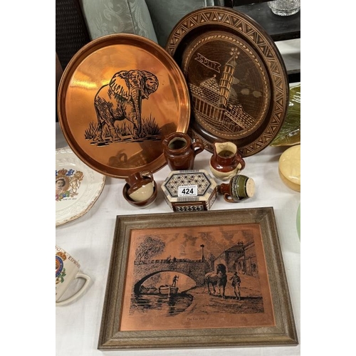 424 - A mixed lot including copper tray with elephant, inlaid wooden box etc