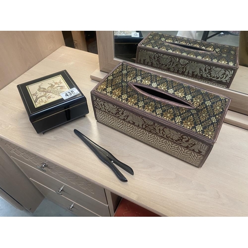 438 - A musical jewellery box, ornate tissue box cover and pair of glove stretchers