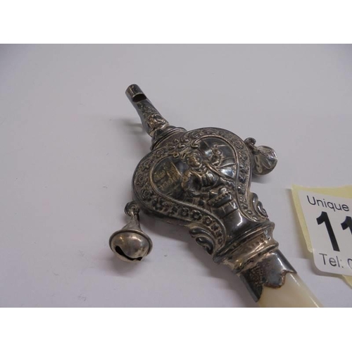 1106 - A 19th century silver and mother of pearl rattle with bells and whistle.