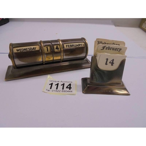 1114 - A silver perpetual desk calendar and a brass example.