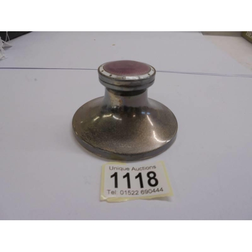 1118 - A silver inkwell with enamel top (chip to enamel).