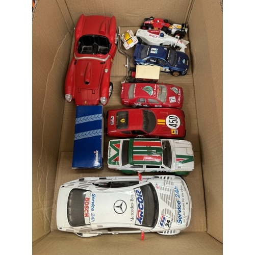 62 - A box of loose mixed scale and maker diecast and plastic vehicles including Hornby Hobbies slot cars