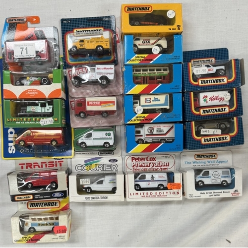 71 - 20 Matchbox models in boxes and blister packs and a Corgi transit van