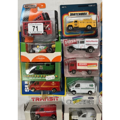 71 - 20 Matchbox models in boxes and blister packs and a Corgi transit van