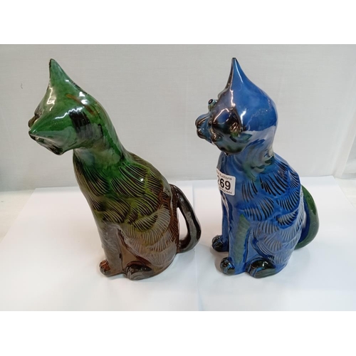 1269 - 2 C M Brannam barum pottery cats. Height 28cm