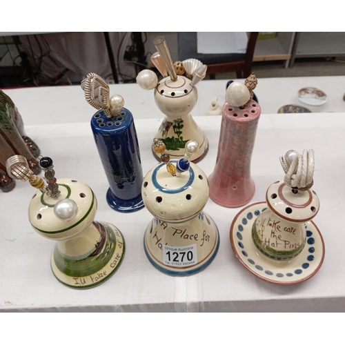 1270 - 6 hatpin stands including Aller Vale pottery