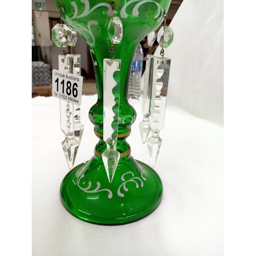 1186 - A Victorian green glass Mary Gregory style lustre, no damage to lustre, 1 glass dropper A/F. Height ... 