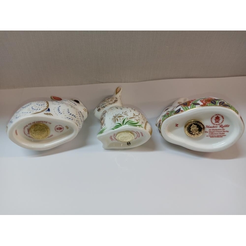 1346 - 3 Royal Crown Derby rabbits with gold stoppers