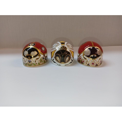 1398 - 2 Royal Crown Derby Ladybirds & a bee all with silver stoppers