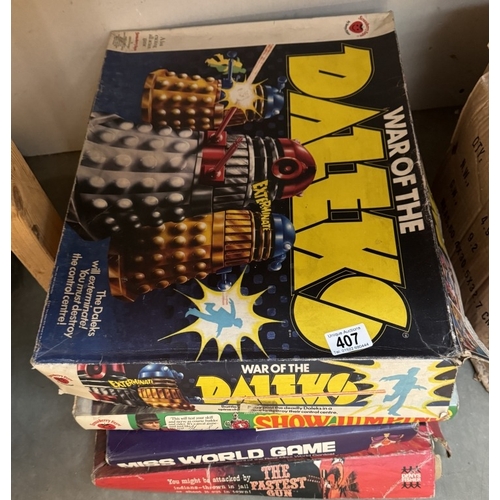 407 - 4 Deny's fisher board games including War Of The Daleks