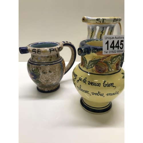 1445 - 5 European style puzzle jugs inc Quimper