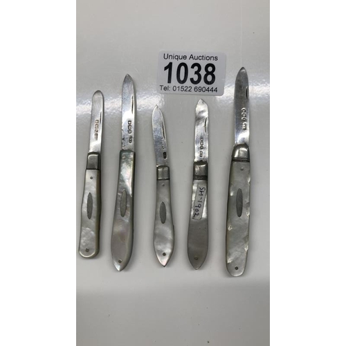 1038 - Five Silver and Mother Of Pearl knives