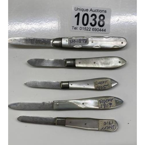 1038 - Five Silver and Mother Of Pearl knives