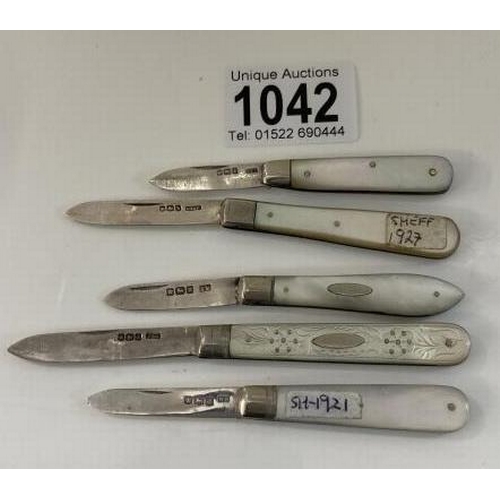 1042 - Five Silver and Mother Of Pearl knives