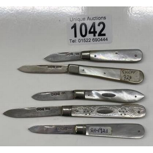 1042 - Five Silver and Mother Of Pearl knives