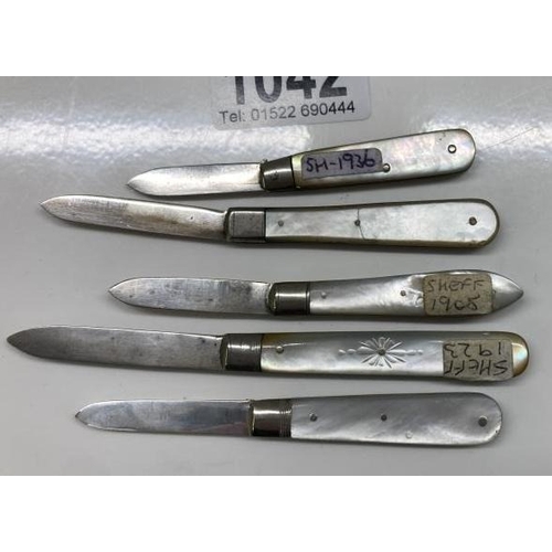 1042 - Five Silver and Mother Of Pearl knives