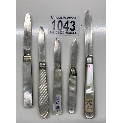 1043 - Five Silver and Mother Of Pearl knives