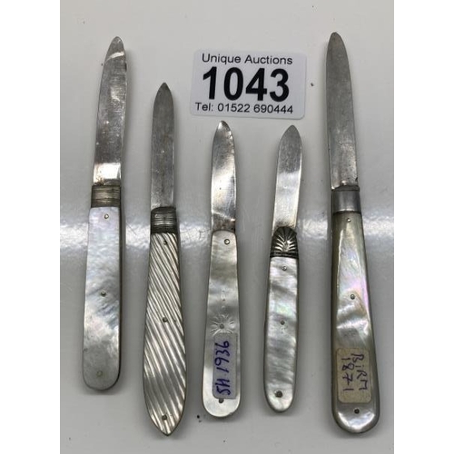 1043 - Five Silver and Mother Of Pearl knives