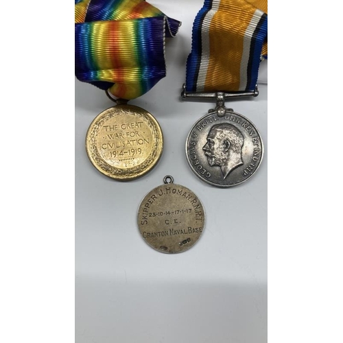 1068 - A WW1 medals for WSA 456 J Homan SKR R,N,R and Silver 'for zeal' Granton noval base