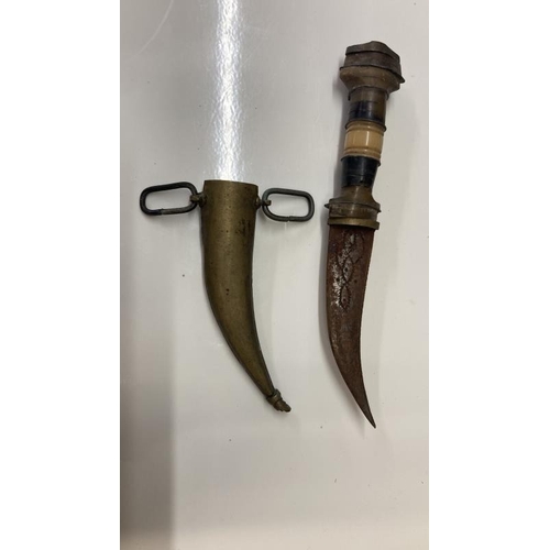 1091 - A pair of Antique goggles a leather whiskey flask and a knife