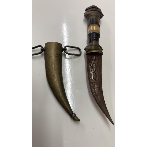 1091 - A pair of Antique goggles a leather whiskey flask and a knife