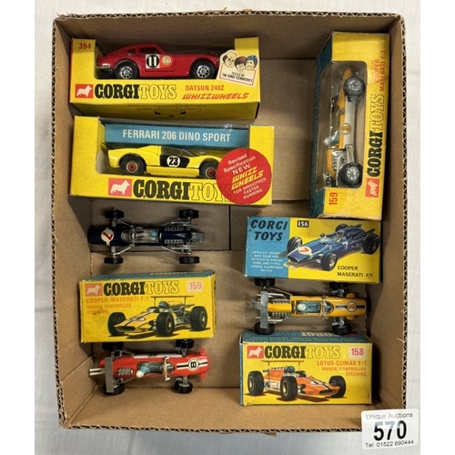 570 - Boxed Corgi including 394 Datsun, 344 Ferrari and 159, 156, 159 and 158 racing cars