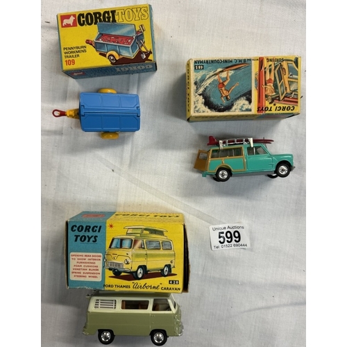 599 - Boxed Corgi 420 Ford Thames airbourne and 485 Mini Countryman surfing and 109 Pennyburn trailer