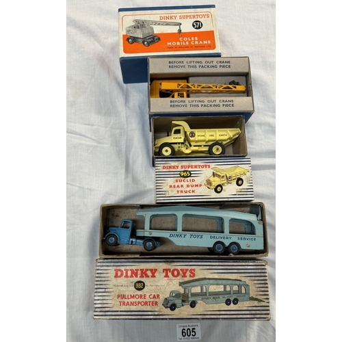 605 - Boxed Dinky 982 Pullmore car transporter 965 euclid dump truck and 571 Coles mobile crane