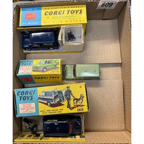 609 - 2 Corgi 448 BMC Mini police van with tracker dog and 450 Austin Mini van