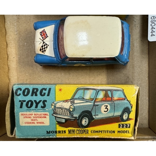 610 - 2 x Corgi 227 Morris Mini Cooper competition model in blue and primrose yellow