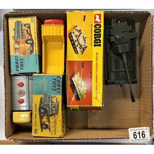 616 - Corgi boxed 494 Bedford tipper, 460 ERF cement mixer and 902 cheiftain tank