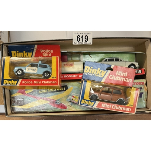 619 - Dinky 118 tow away glider set box a/f and 178 and 255 Mini Clubman