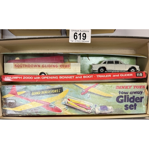 619 - Dinky 118 tow away glider set box a/f and 178 and 255 Mini Clubman