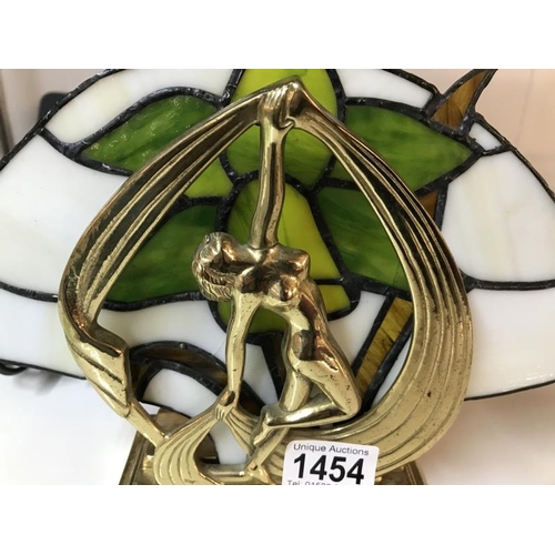 1454 - A brass Art Deco style lamp with leaded glass panel