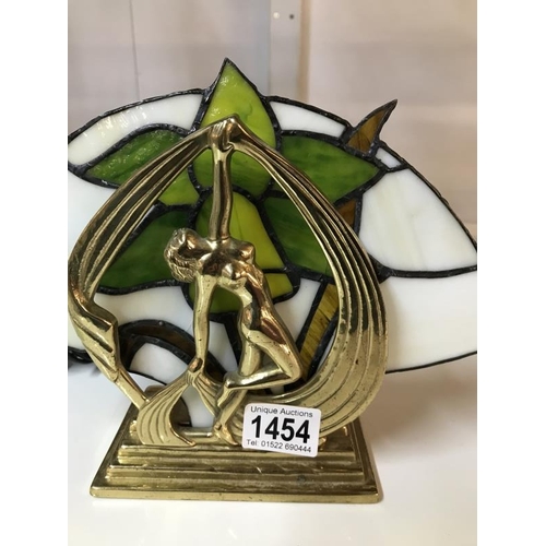 1454 - A brass Art Deco style lamp with leaded glass panel