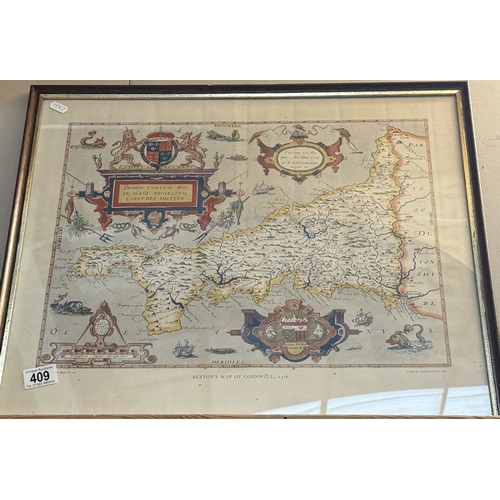 409 - A vintage framed Saxtons map of Cornwall 1576, Printed by Taylowe limited 1960