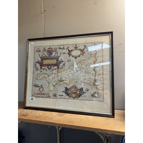 409 - A vintage framed Saxtons map of Cornwall 1576, Printed by Taylowe limited 1960