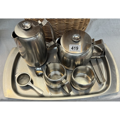 419 - A stainless steel tea set & tray